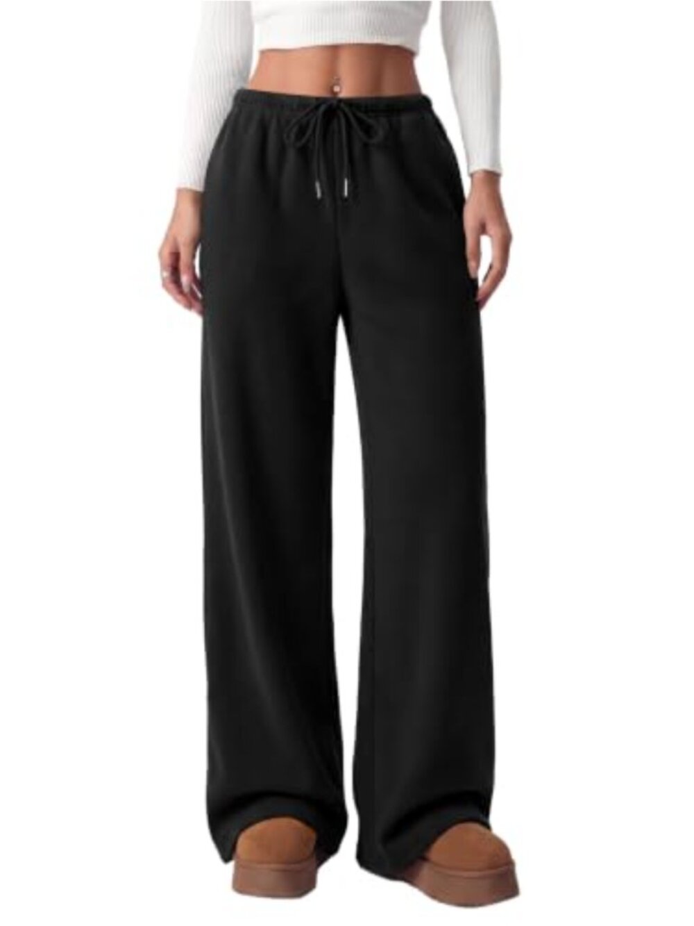 Wide Leg Sweatpants Fleece Lined Lounge Pants Drawstring Women